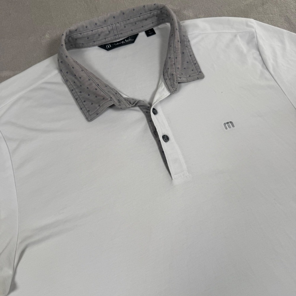 TravisMathew Polo Shirt Mens XL White Grey Patterned Collar Pima Cotton Blend